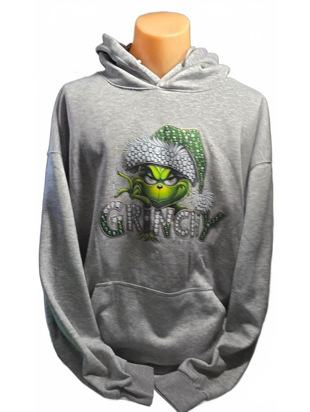 Unisex 3XL Gray Grinch Hoodie with Bling Santa Hat Design